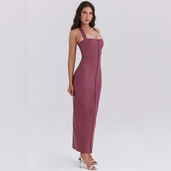 HOUSE OF CB 'Mia' Mulberry Twill Halter Maxi Dress - Picture 6 of 12
